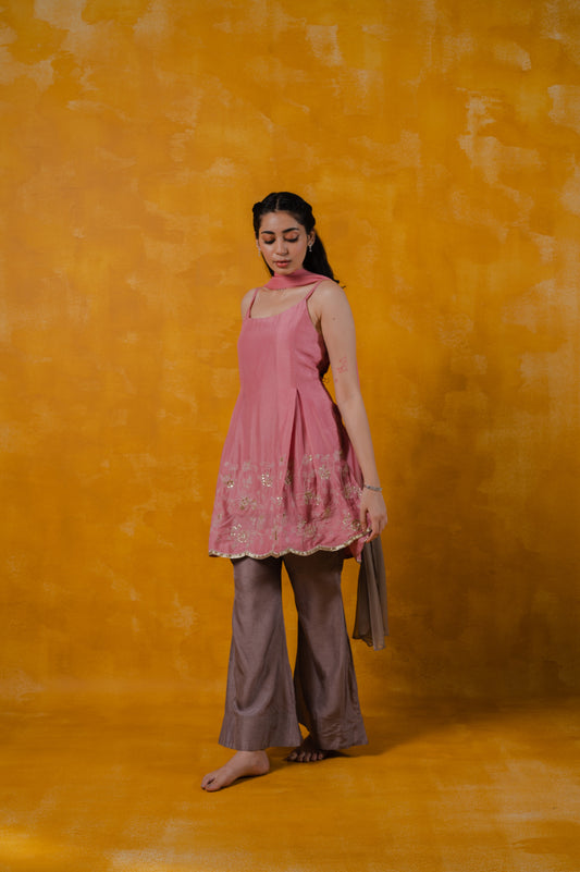 Pink and Dust Embroidered Suit Set