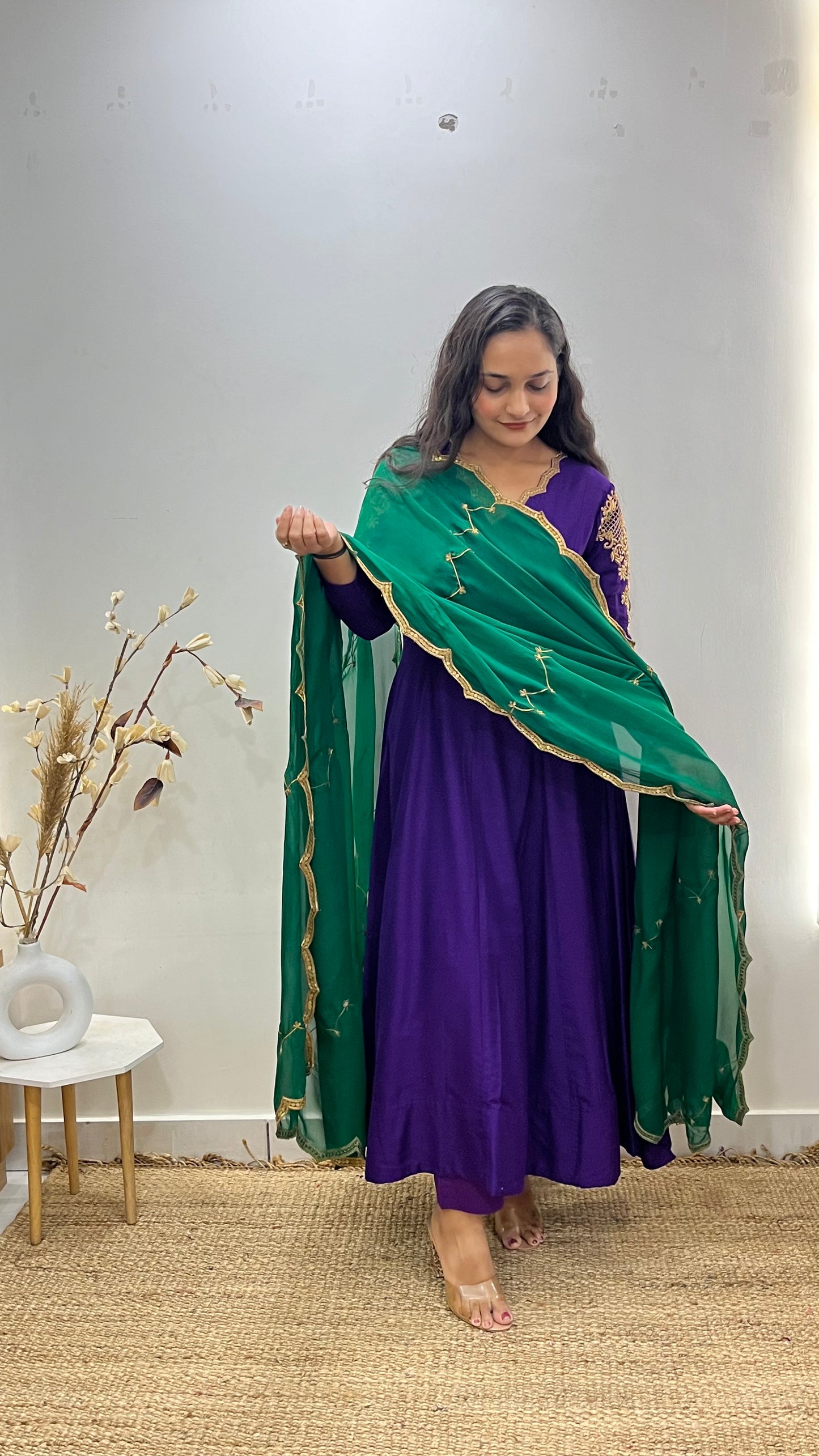 Purple & Green Handembroidered Anarkali
