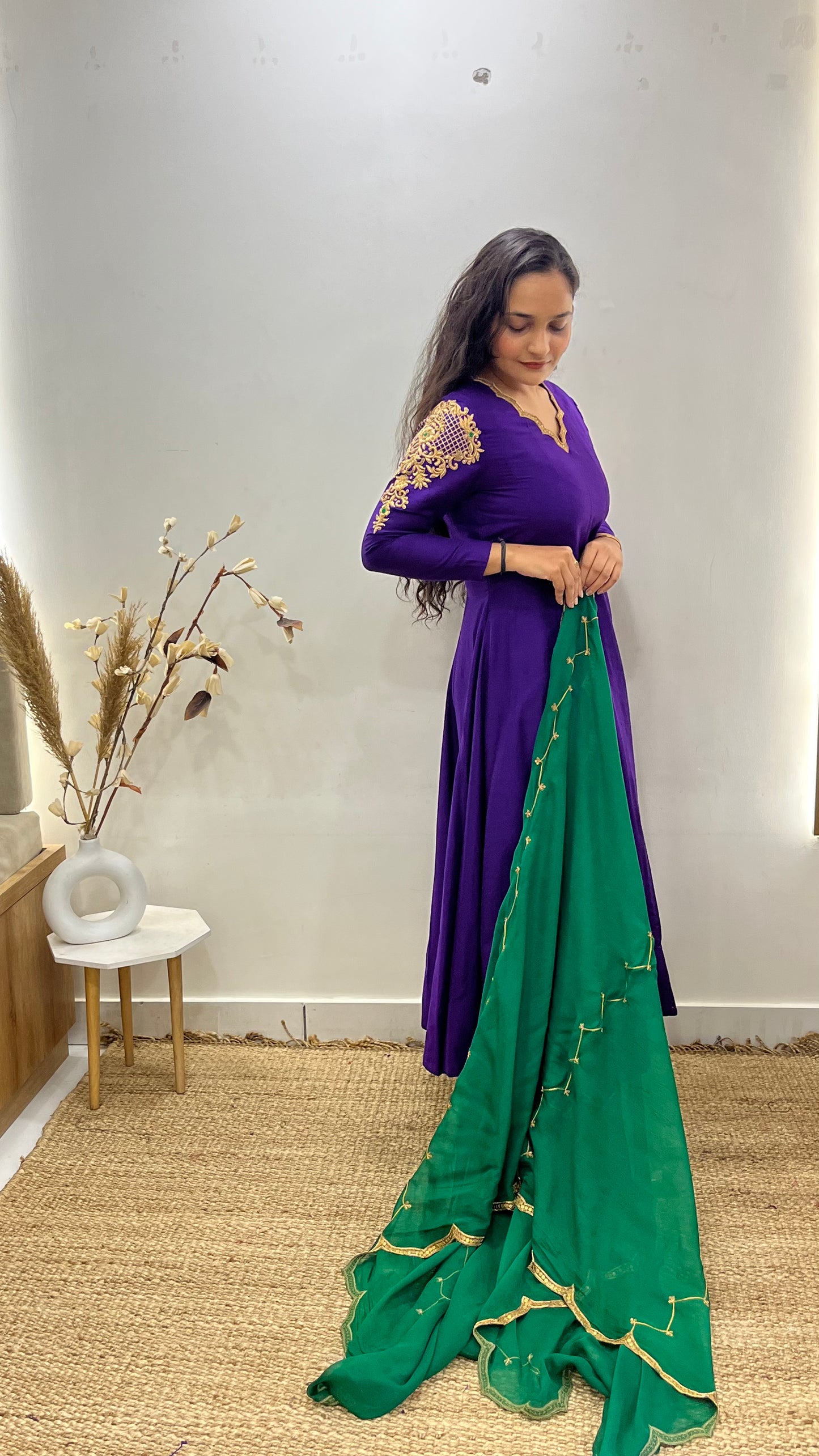 Purple & Green Handembroidered Anarkali