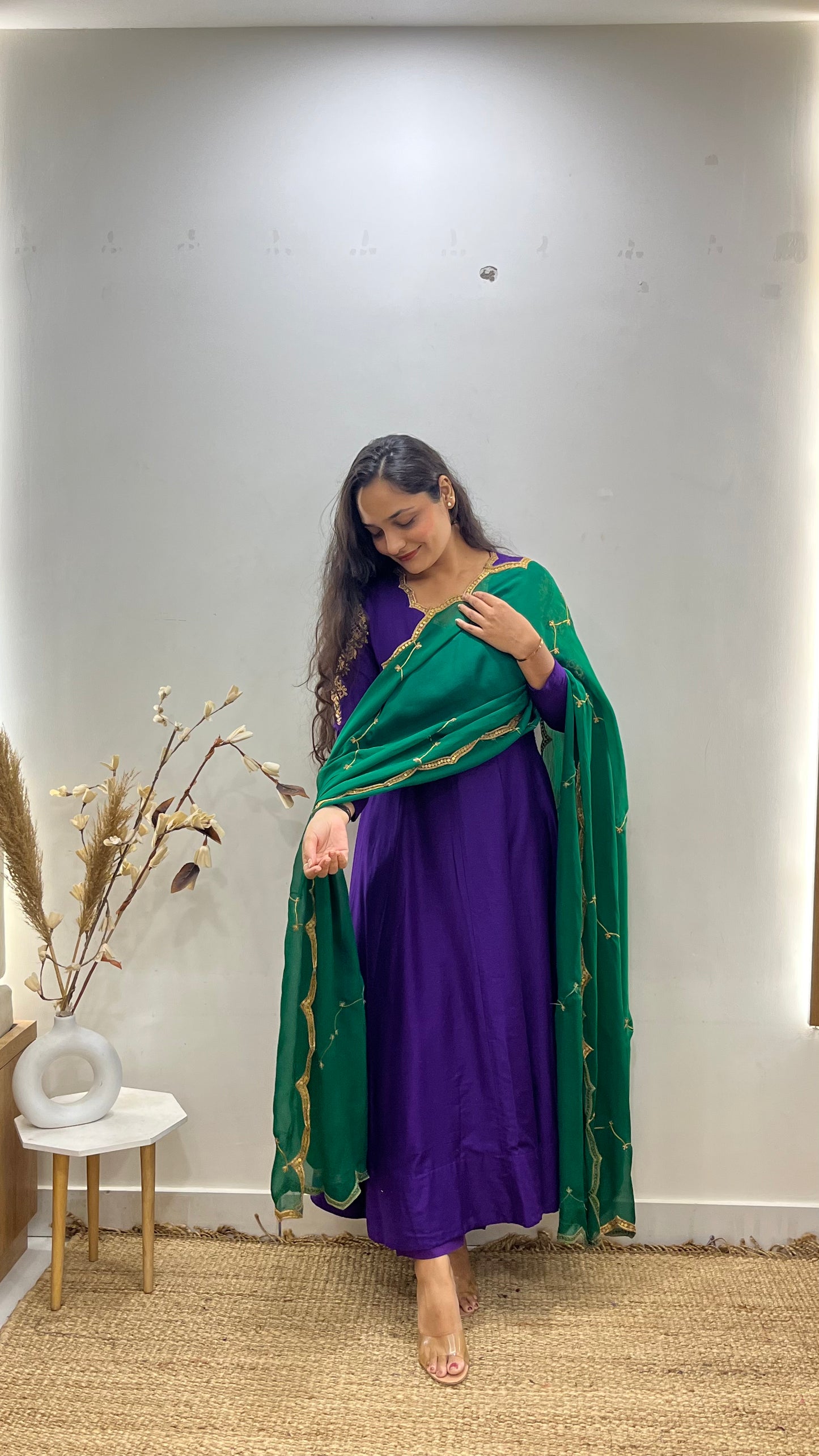 Purple & Green Handembroidered Anarkali