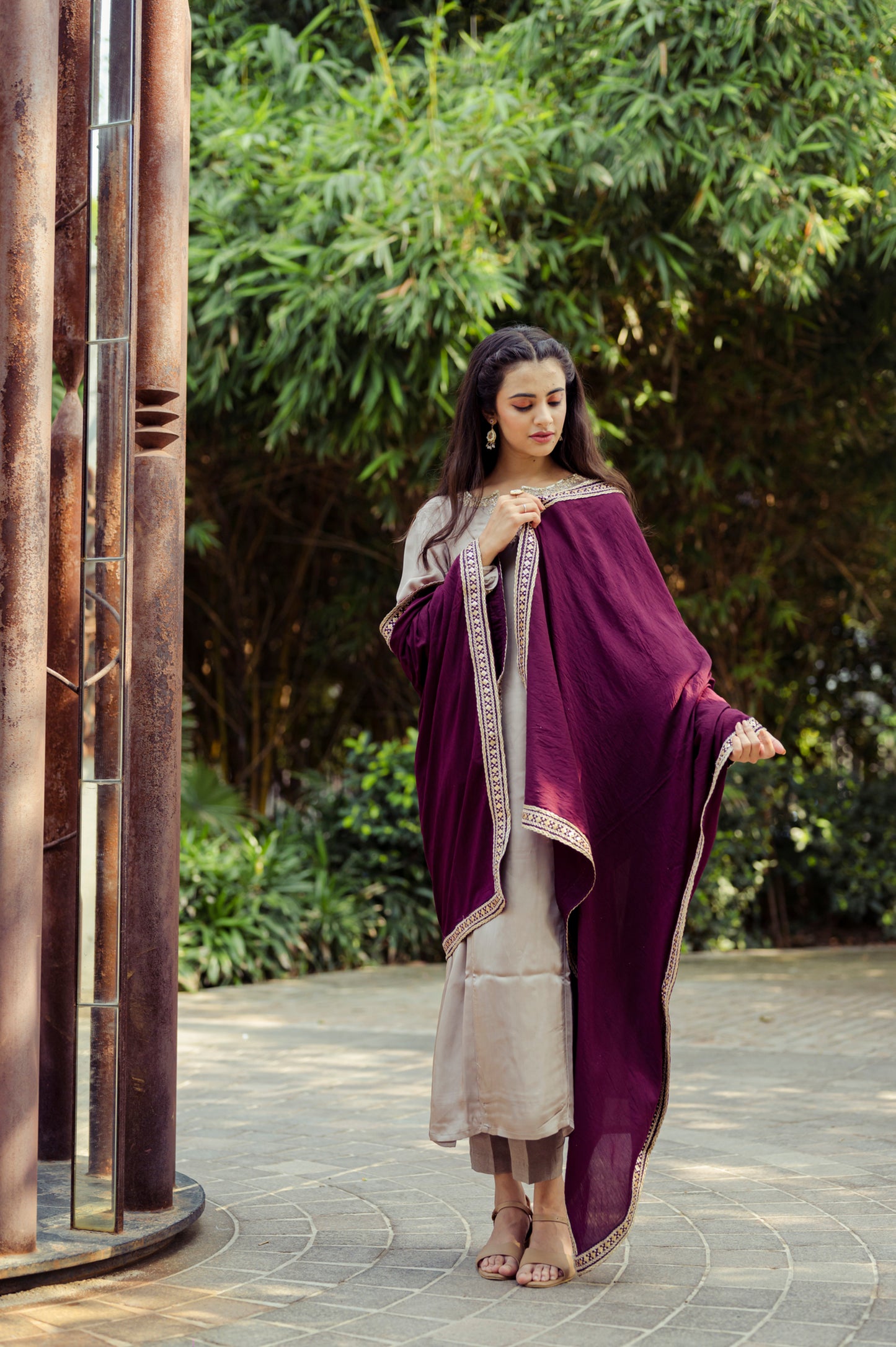 Beige Burgundy Embroidery Suit Set