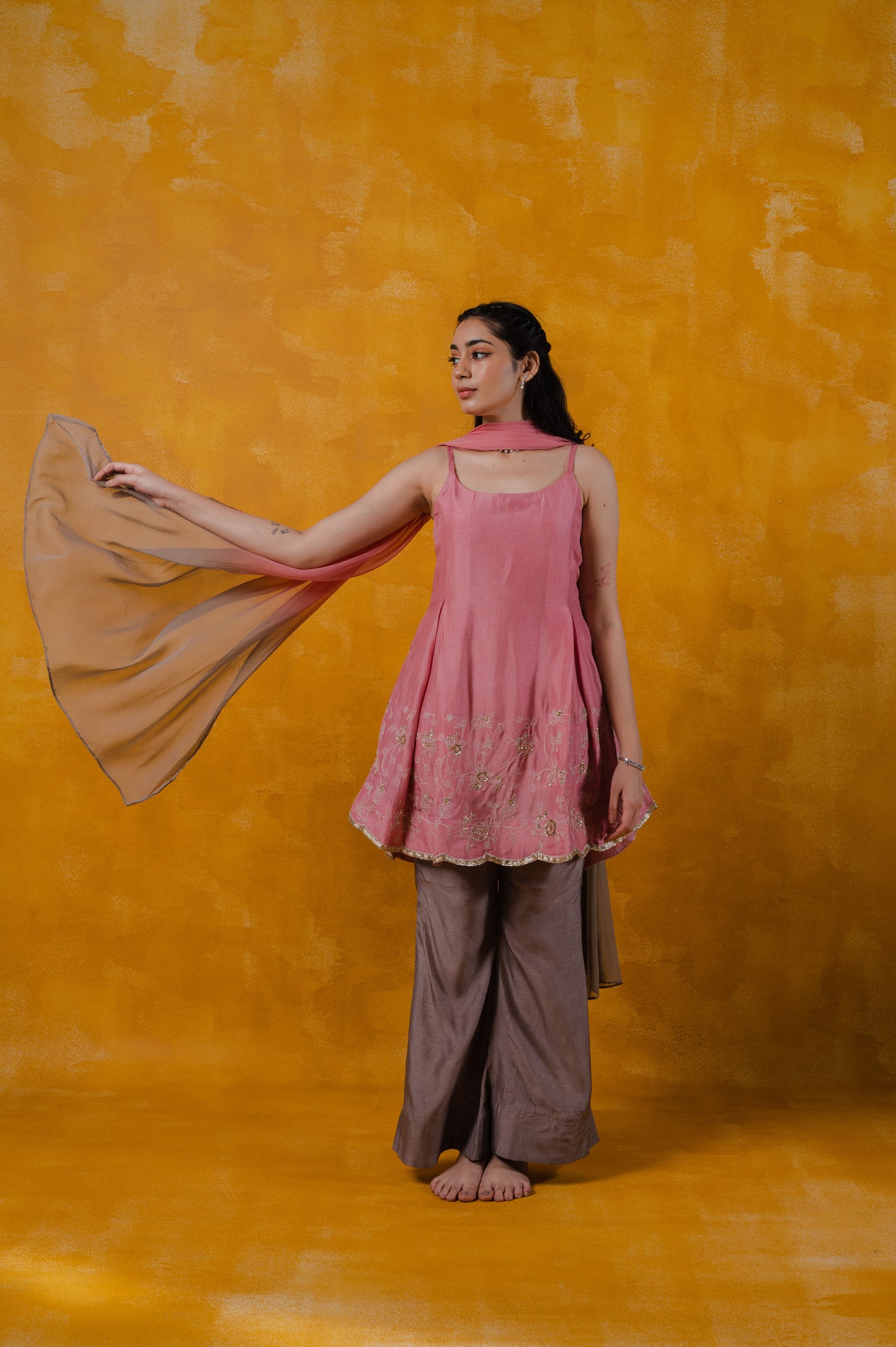 Pink and Dust Embroidered Suit Set