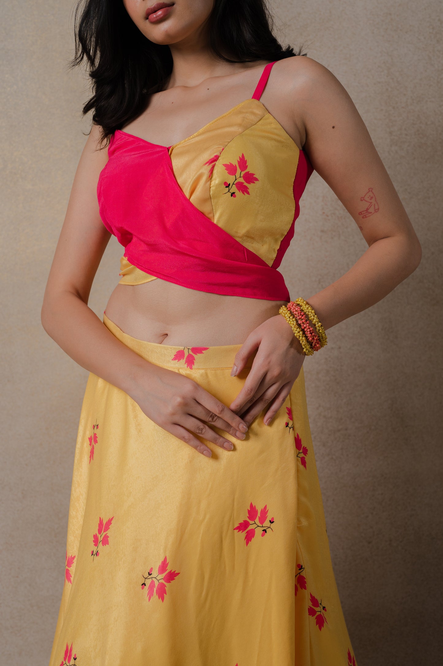 Pink and Yellow Phulkari lehenga Set