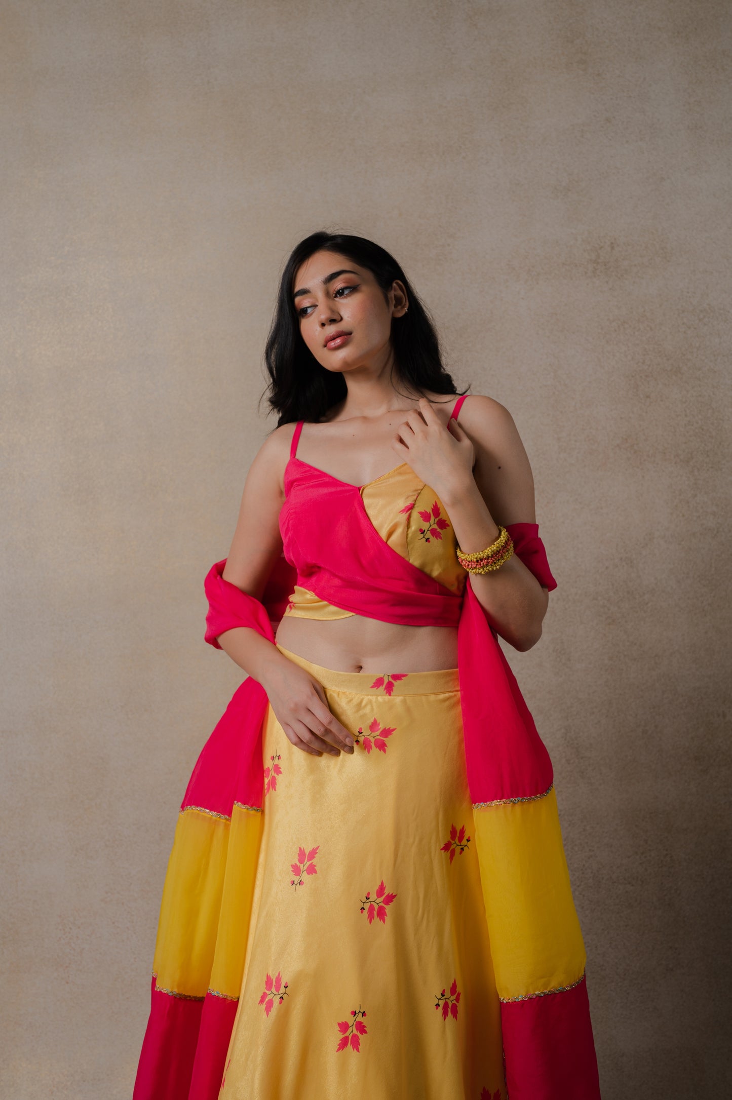 Pink and Yellow Phulkari lehenga Set