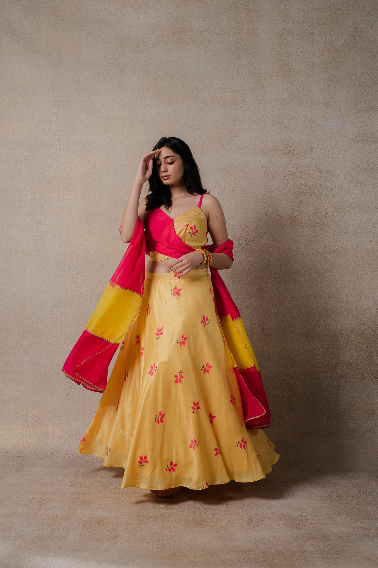 Pink and Yellow Phulkari lehenga Set