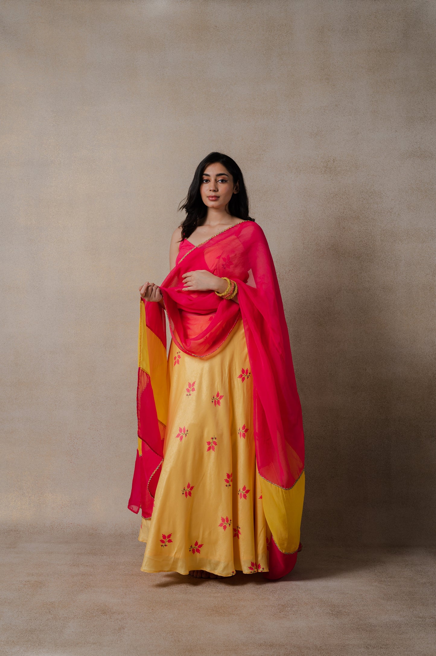 Pink and Yellow Phulkari lehenga Set