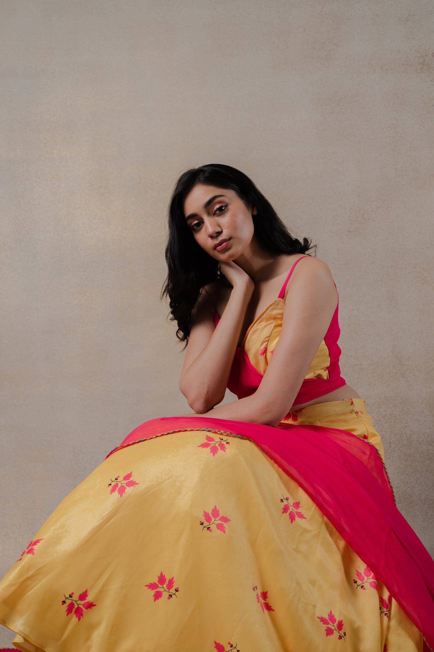 Pink and Yellow Phulkari lehenga Set