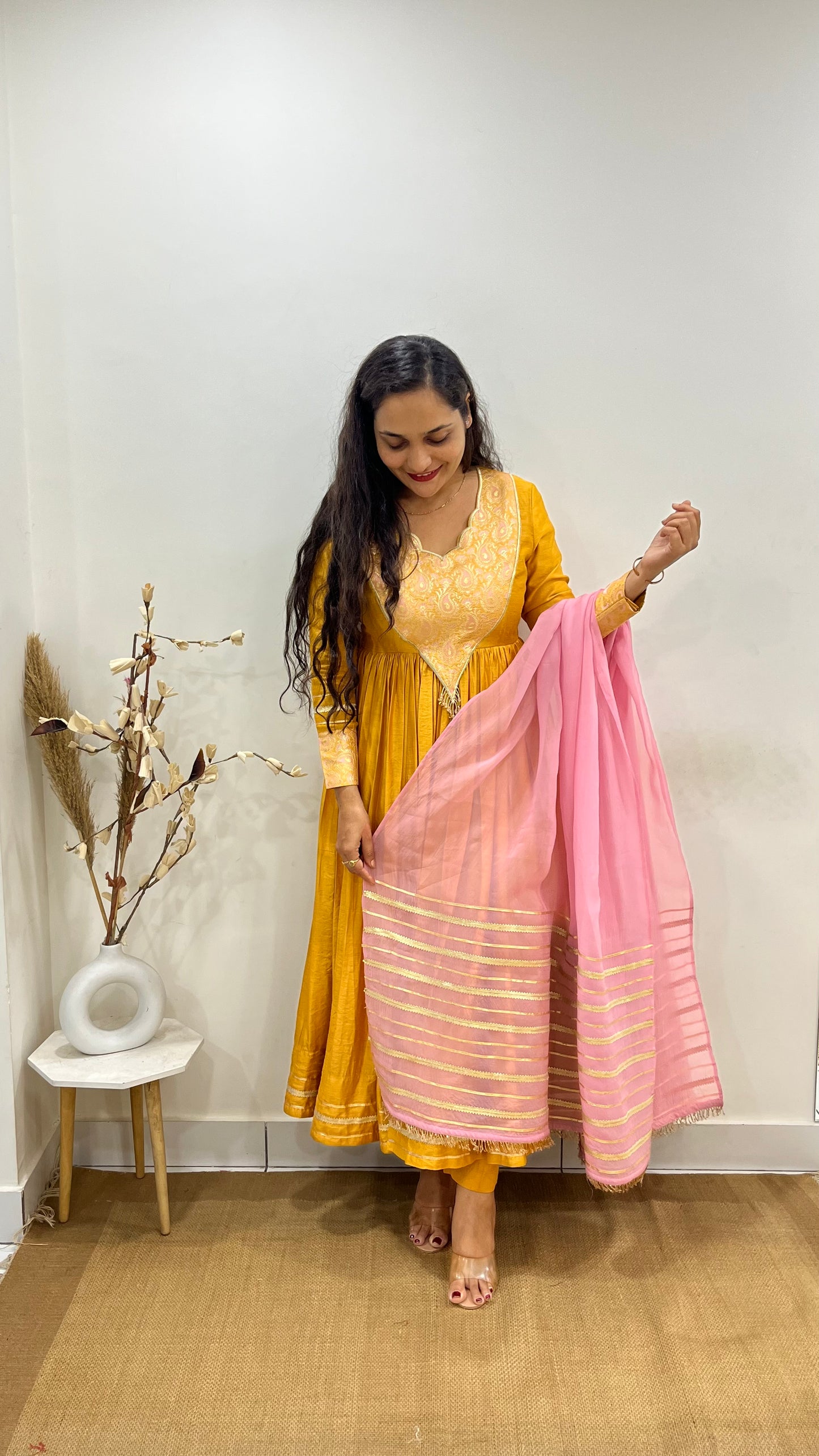 Mustard Yellow and Pastel Pink Anarkali