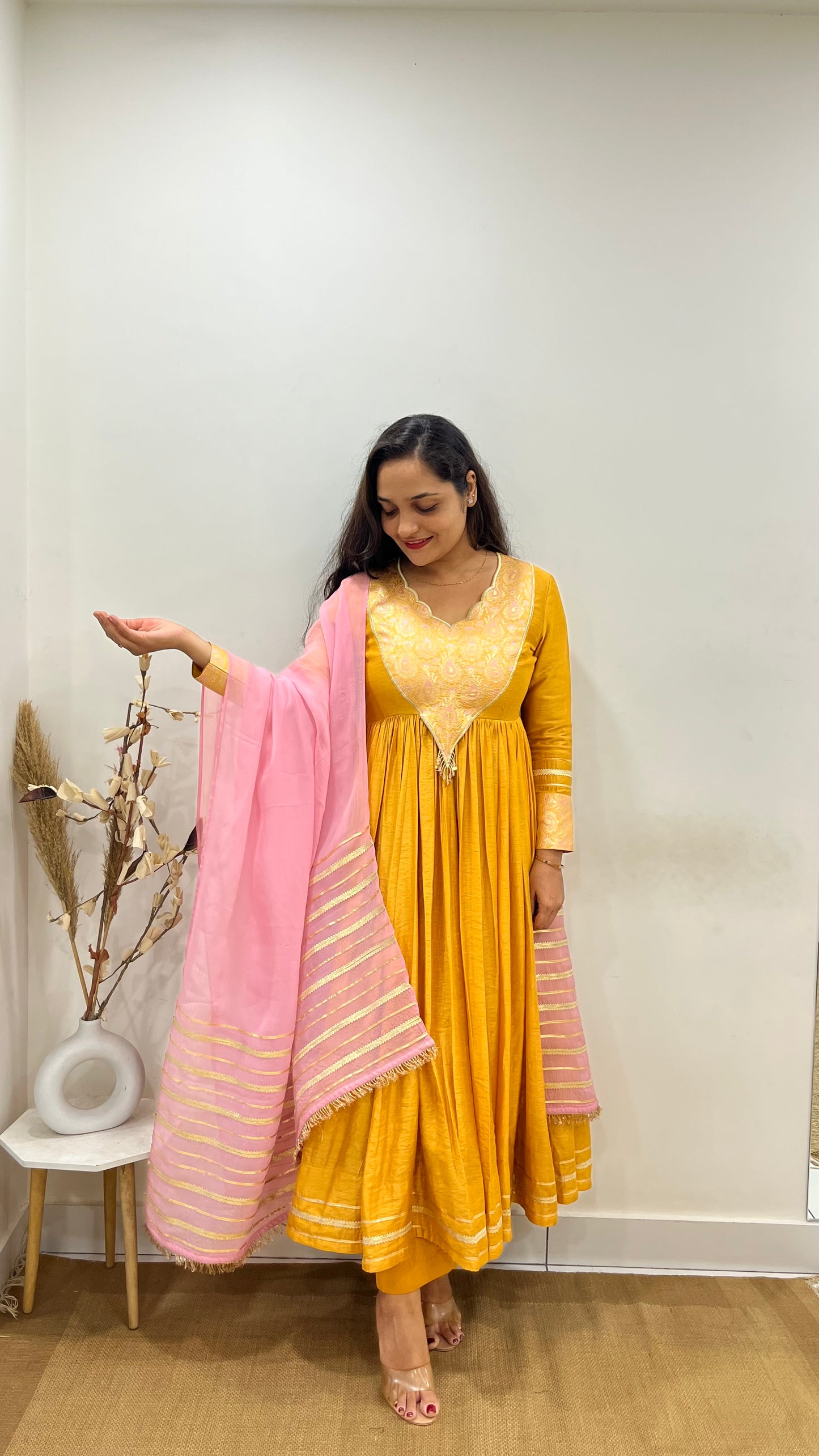 Mustard Yellow and Pastel Pink Anarkali