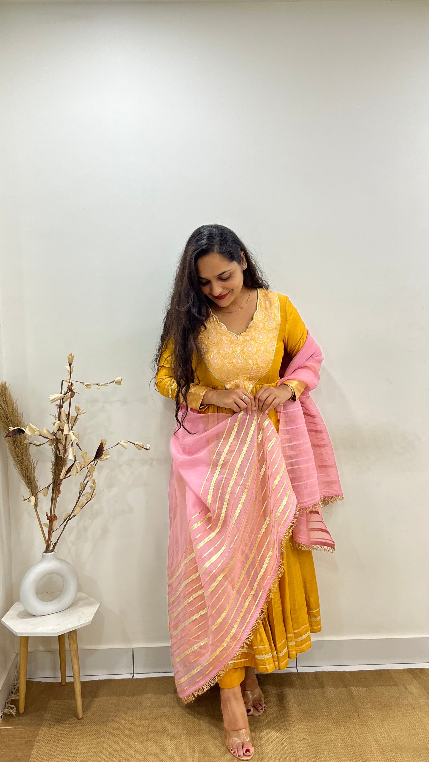 Mustard Yellow and Pastel Pink Anarkali