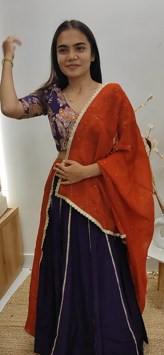 Vishwa's Purple Lehenga with Rust Duppata