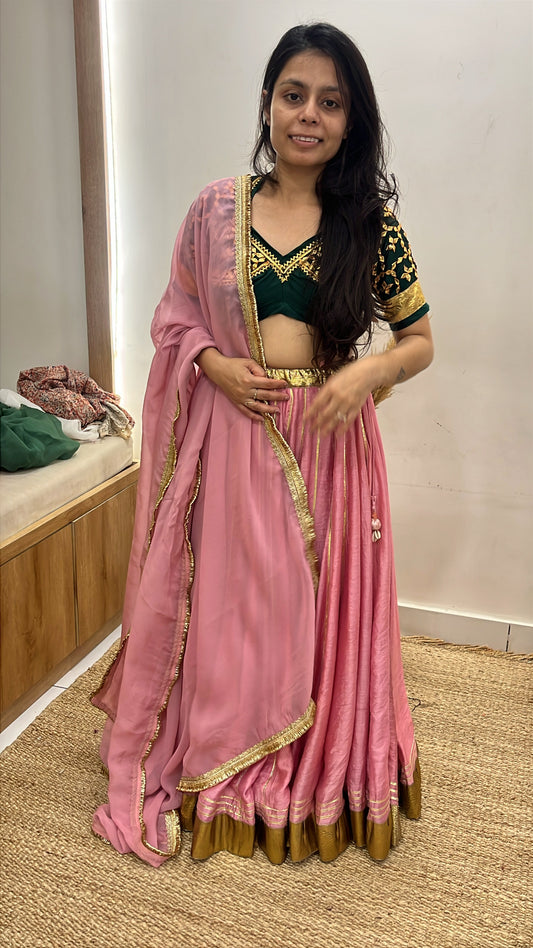 Green Aangi Blouse with Pink Lehenga