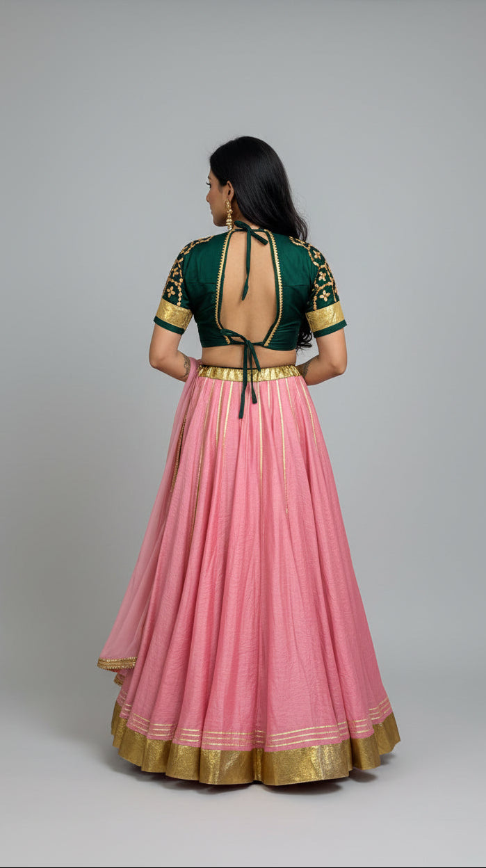 Green Aangi Blouse with Pink Lehenga