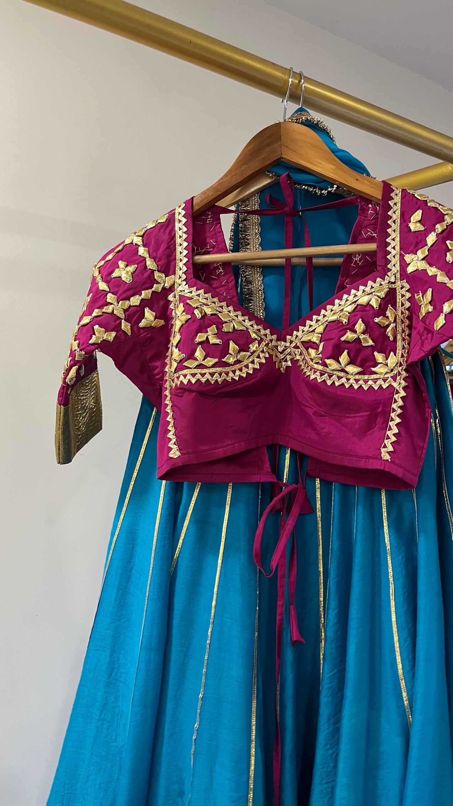 Rani Pink Aangi with Teal Blue Lehenga
