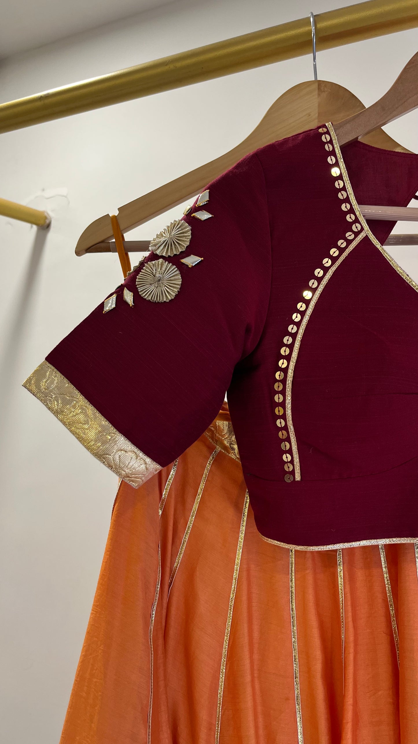 Orange Gota lehenga with Maroon Blouse