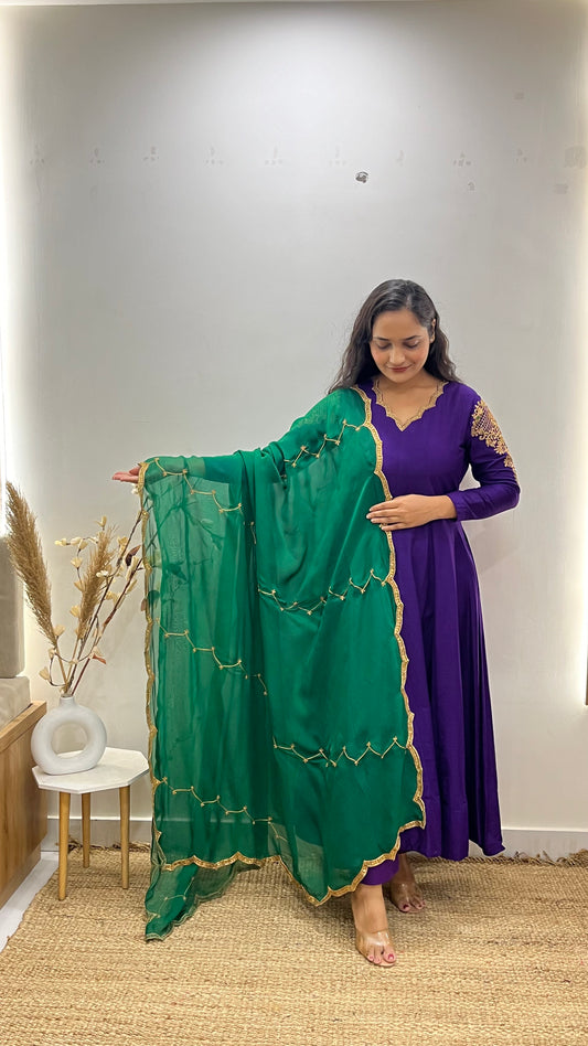 Purple & Green Handembroidered Anarkali