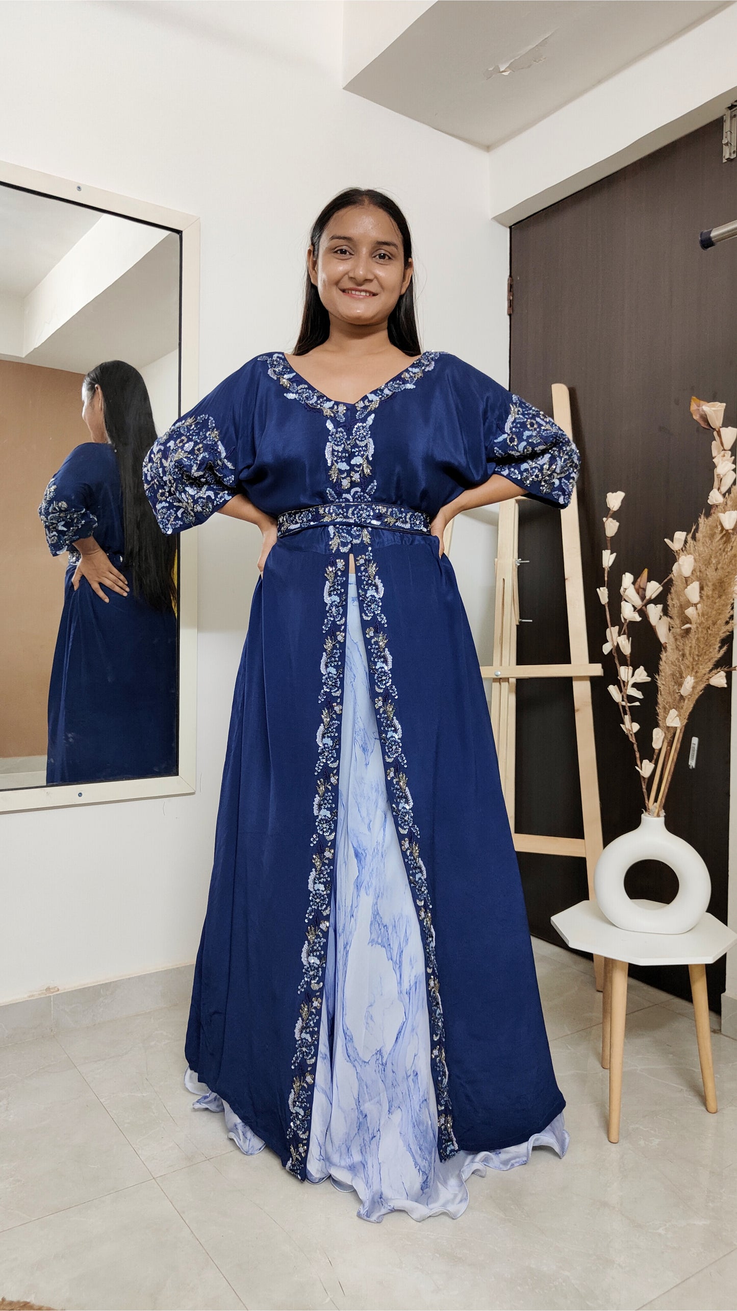 Royal blue jacket with lehenga Fusion Set