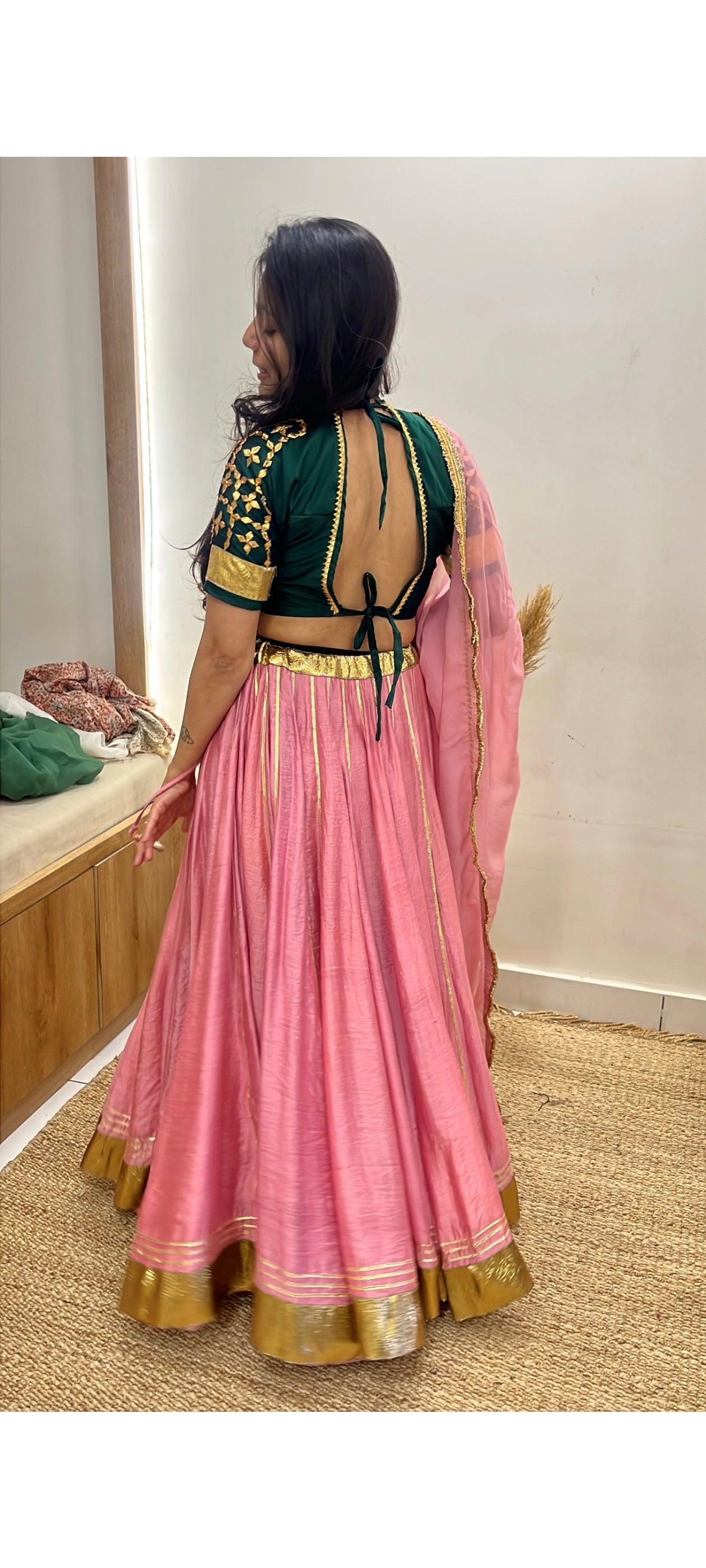 Green Aangi Blouse with Pink Lehenga