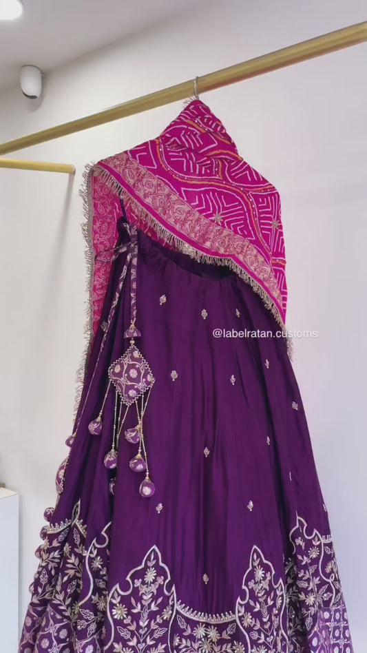 Purple Lehenga with Pink Bandhani Duppata