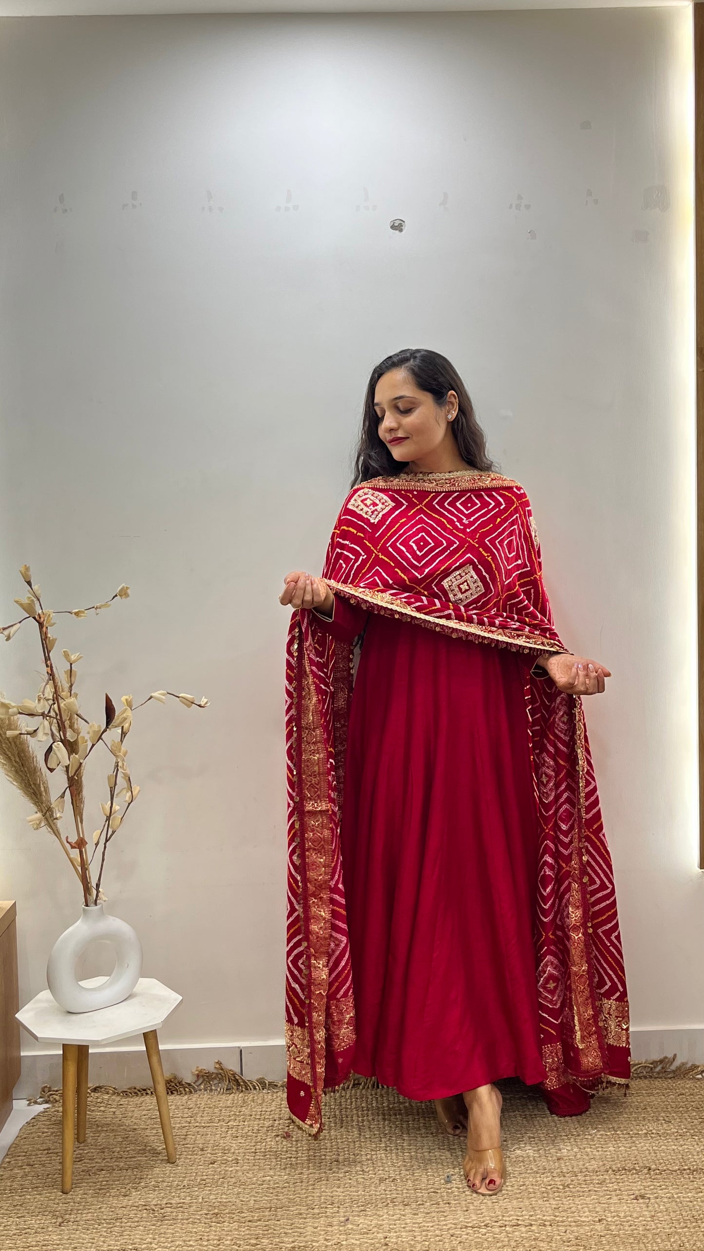Red Anarkali with pure bandhani duppata