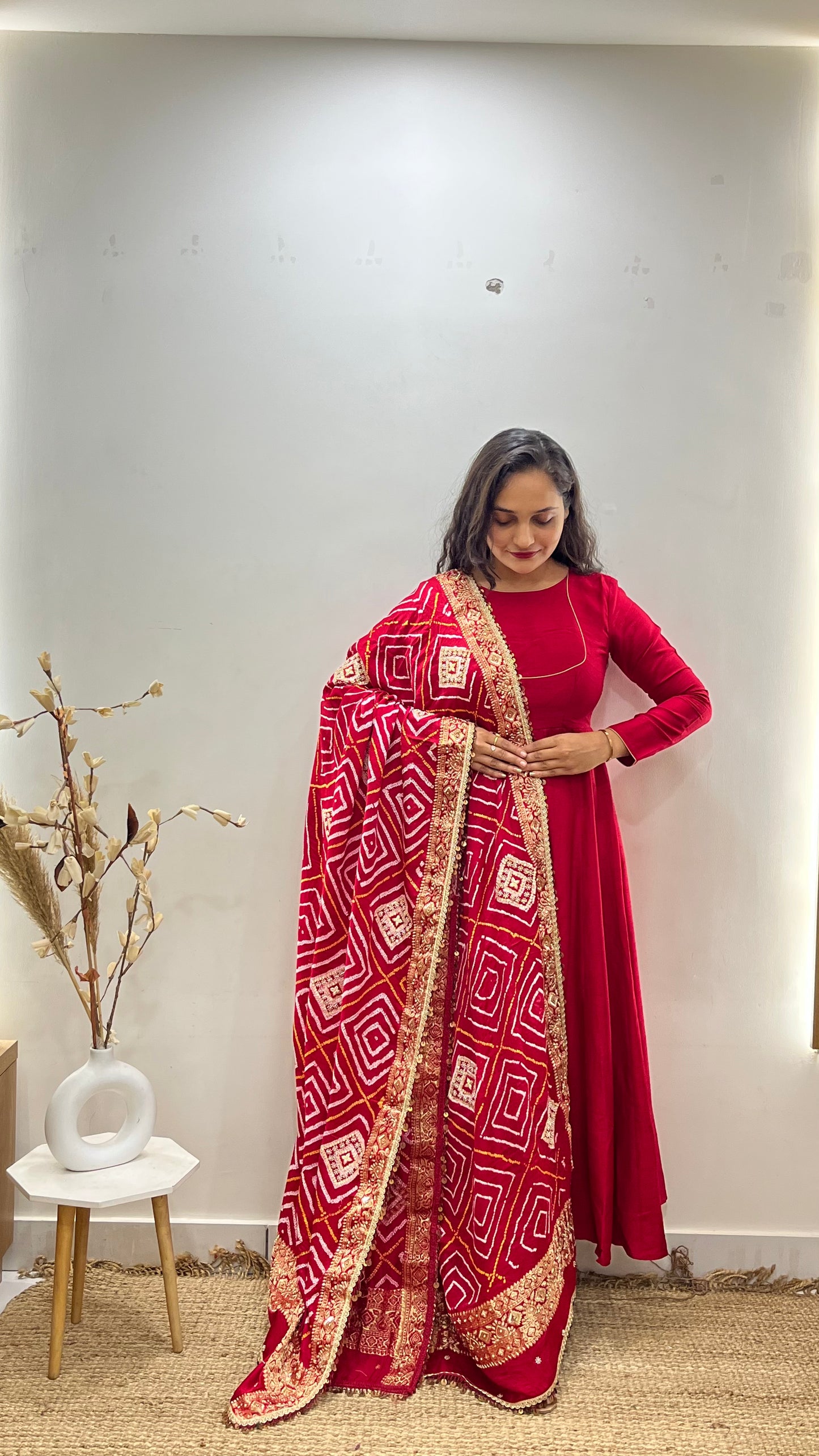 Red Anarkali with pure bandhani duppata