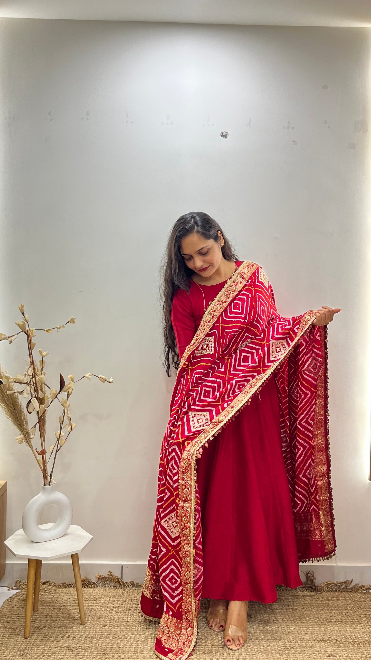 Red Anarkali with pure bandhani duppata