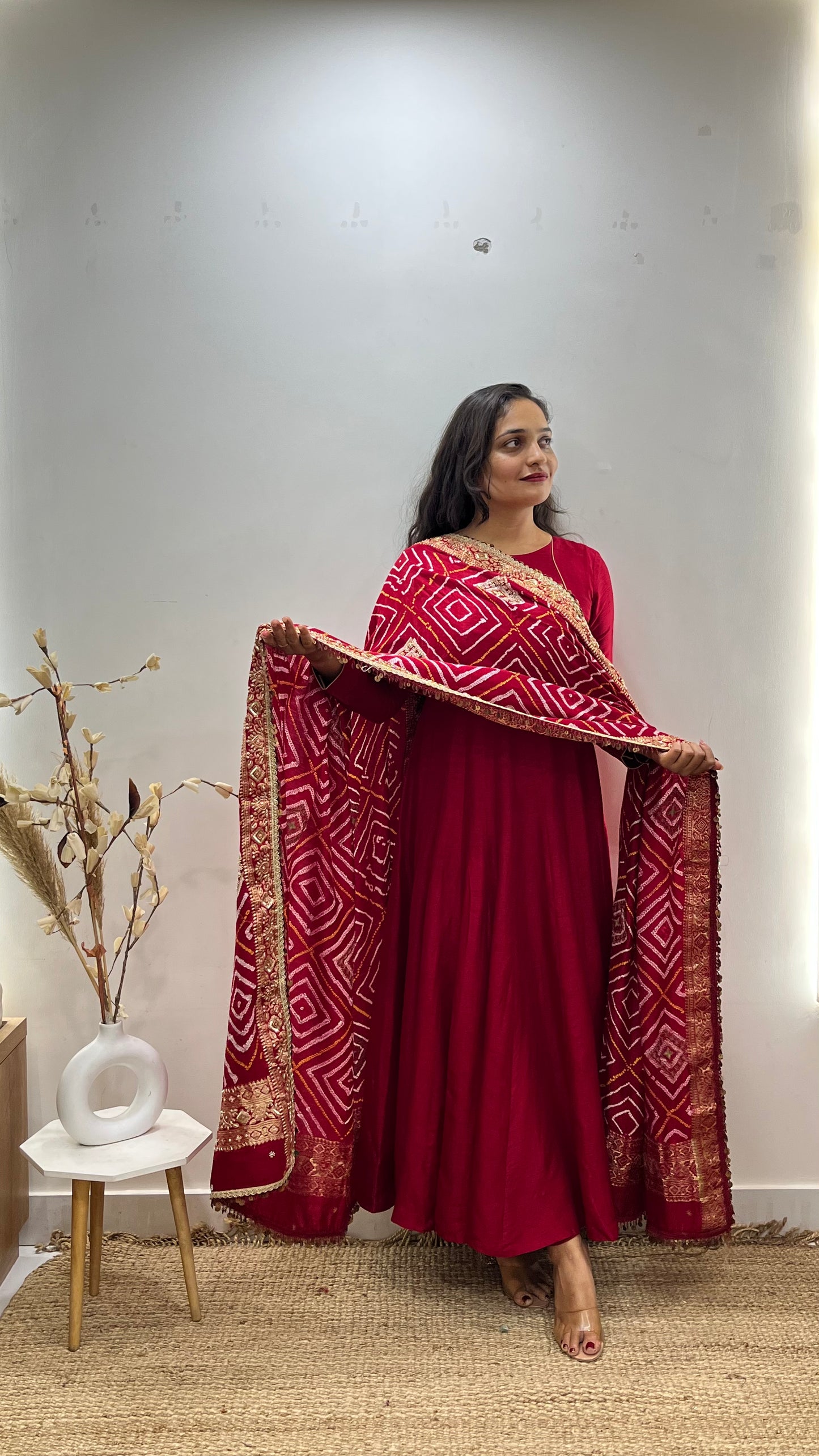 Red Anarkali with pure bandhani duppata