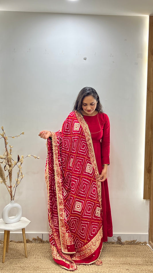 Red Anarkali with pure bandhani duppata