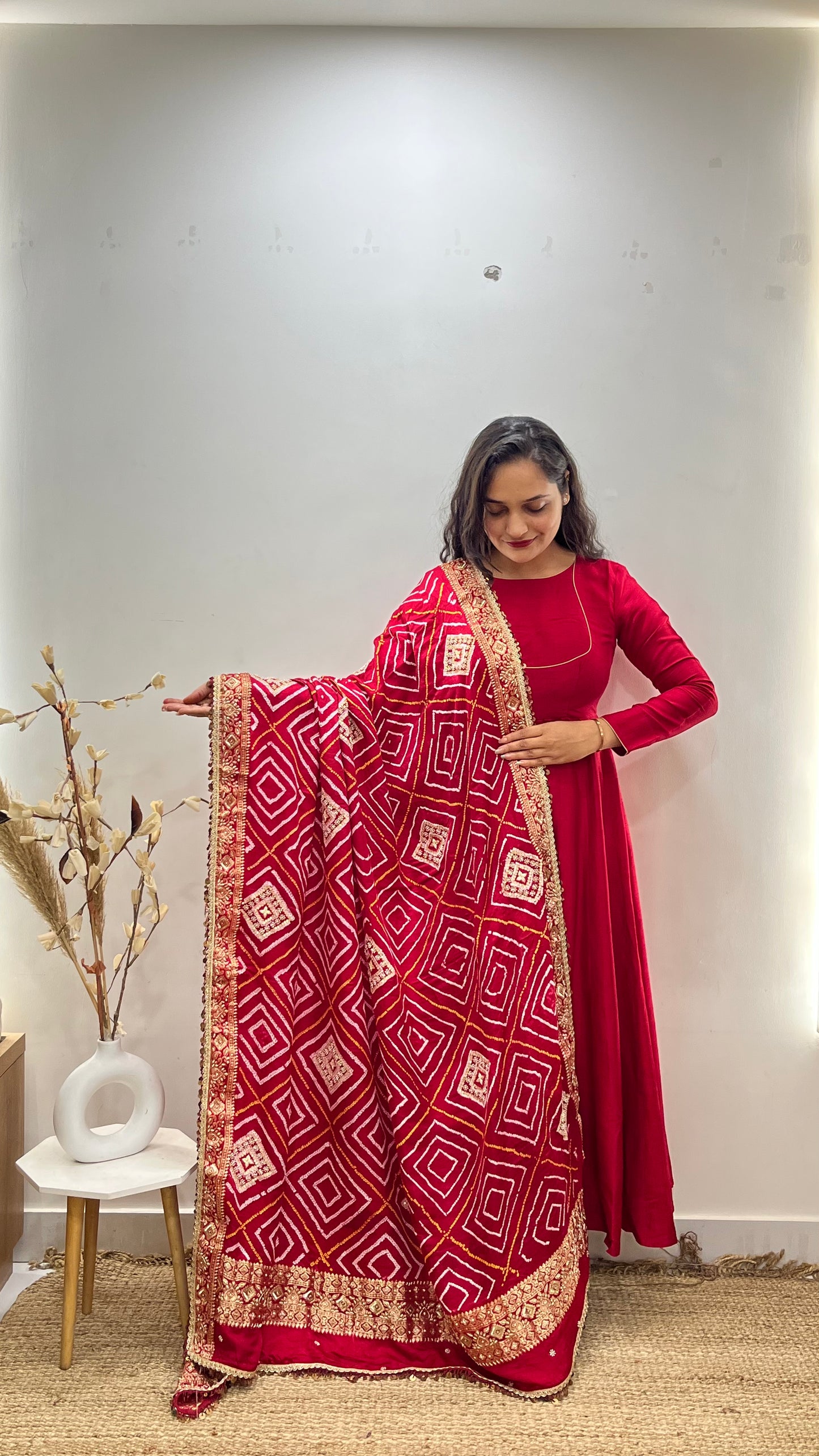 Red Anarkali with pure bandhani duppata