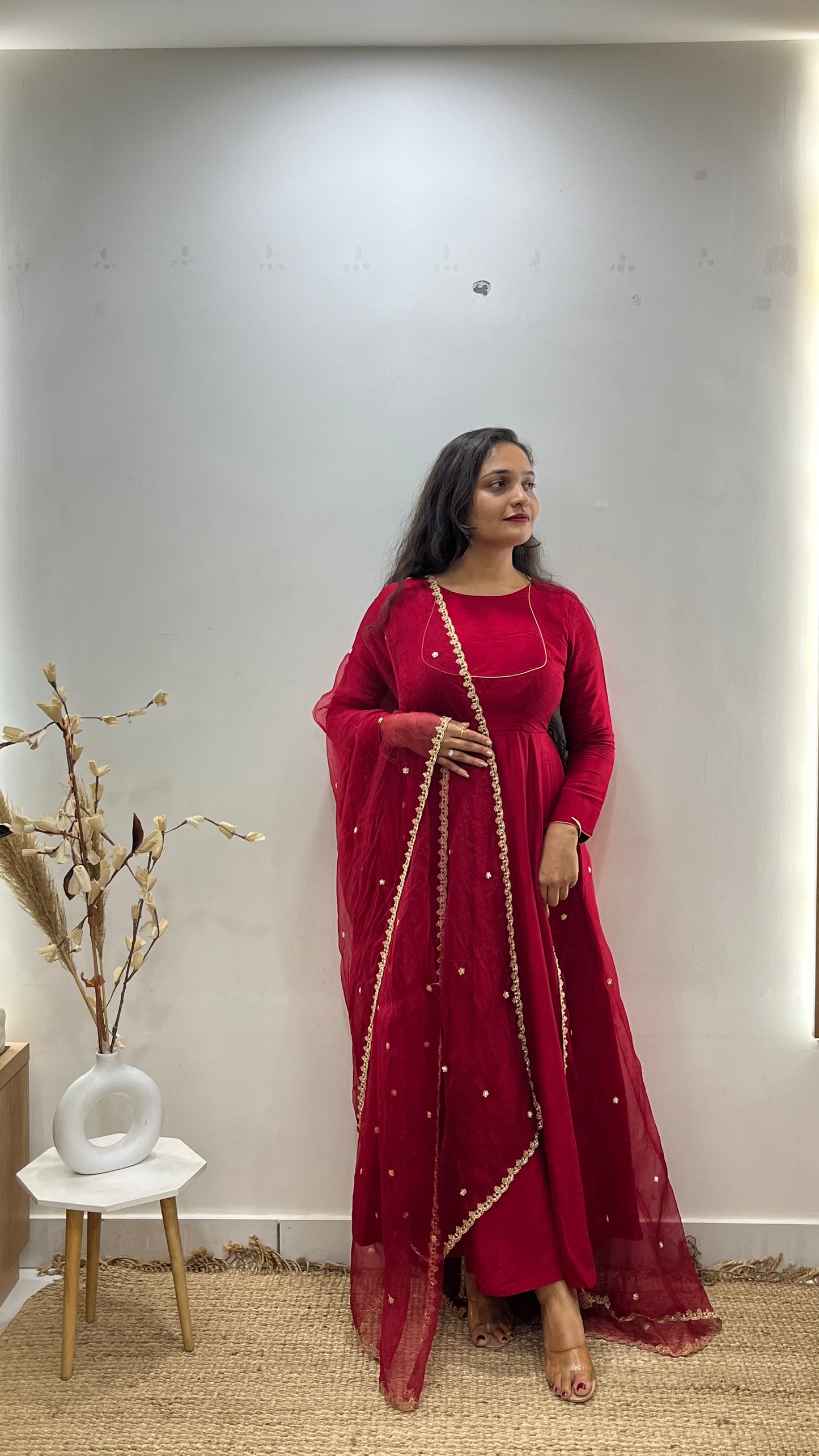 Red Anarkali with Organza duppata