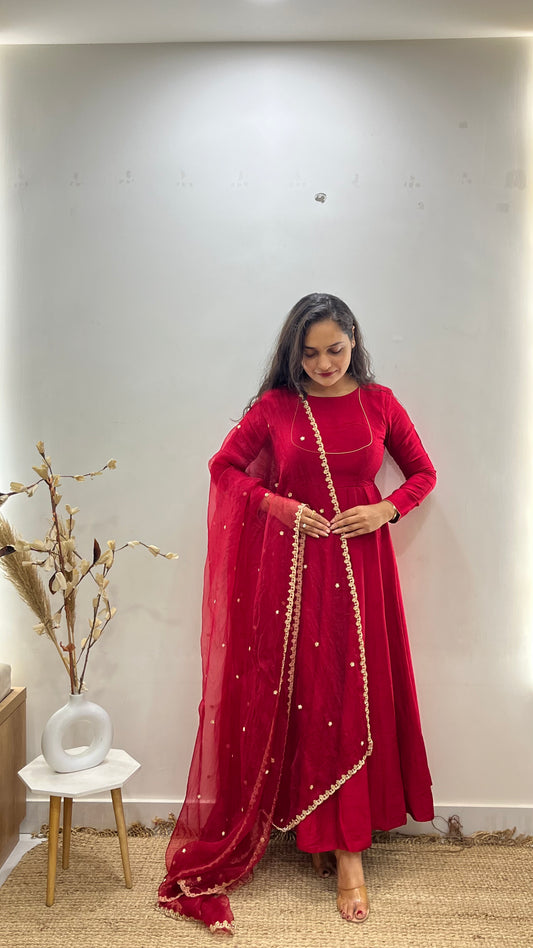 Red Anarkali with Organza duppata