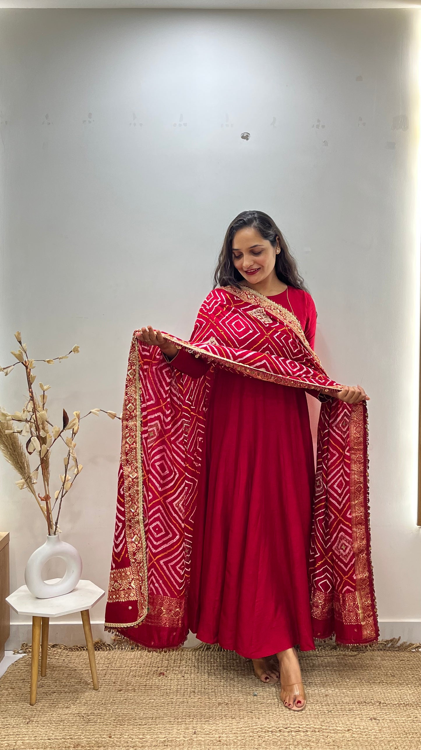 Red Anarkali with pure bandhani duppata