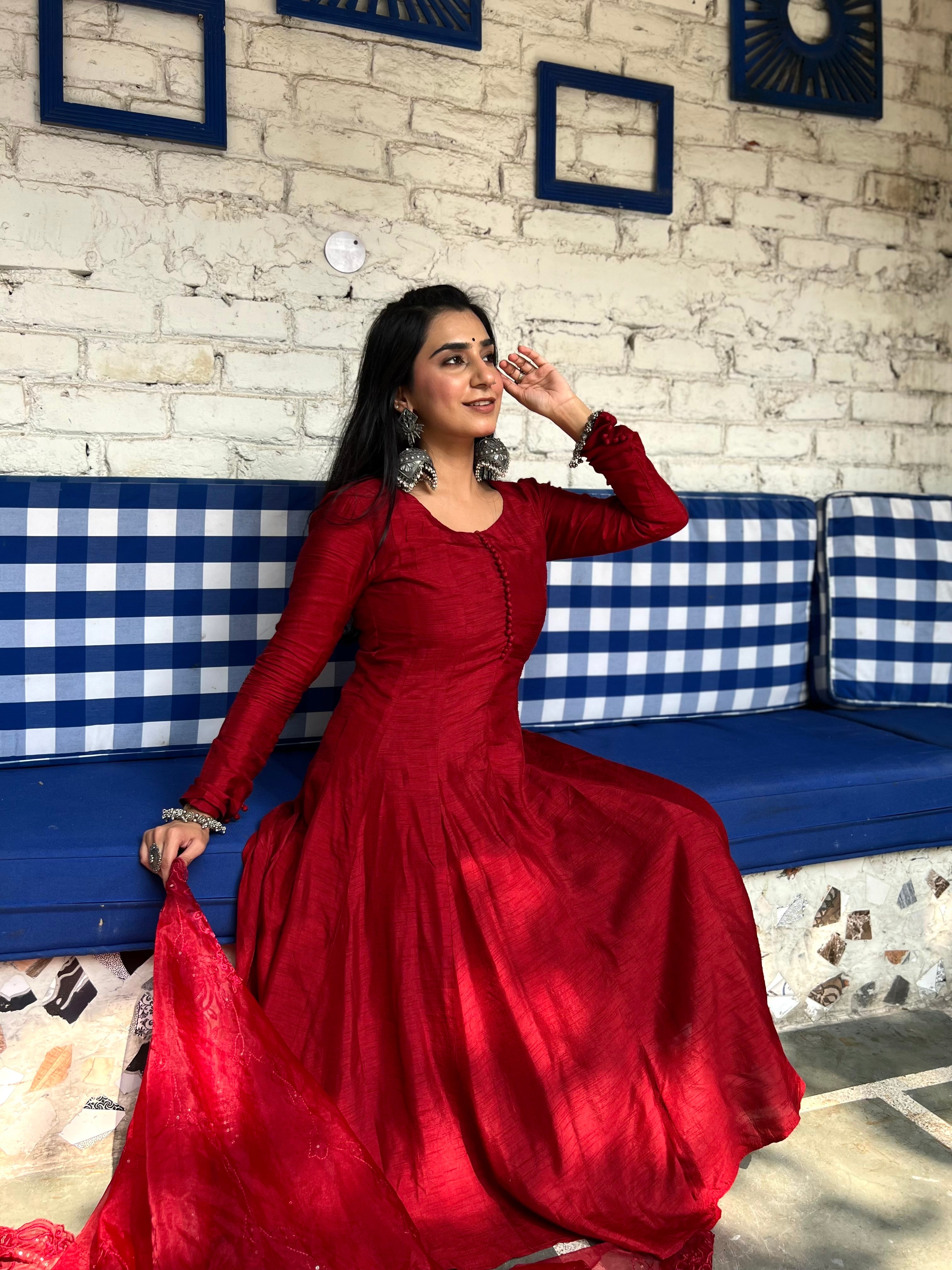 Silk Base Red Anarkali Suit With Duapatta
