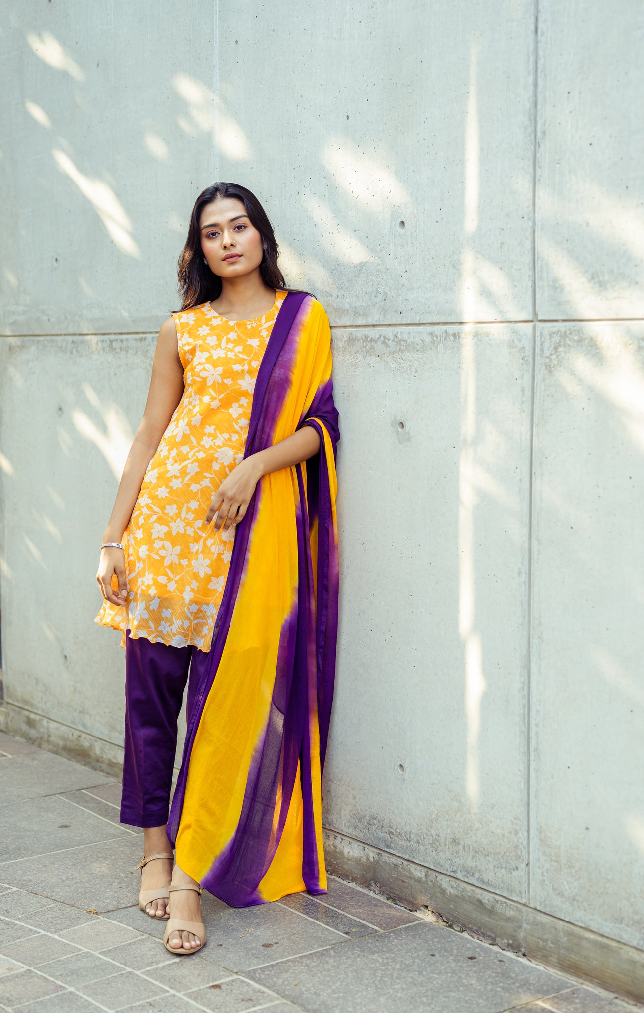 Purple Mustard Suit Set with Salsa Dupatta