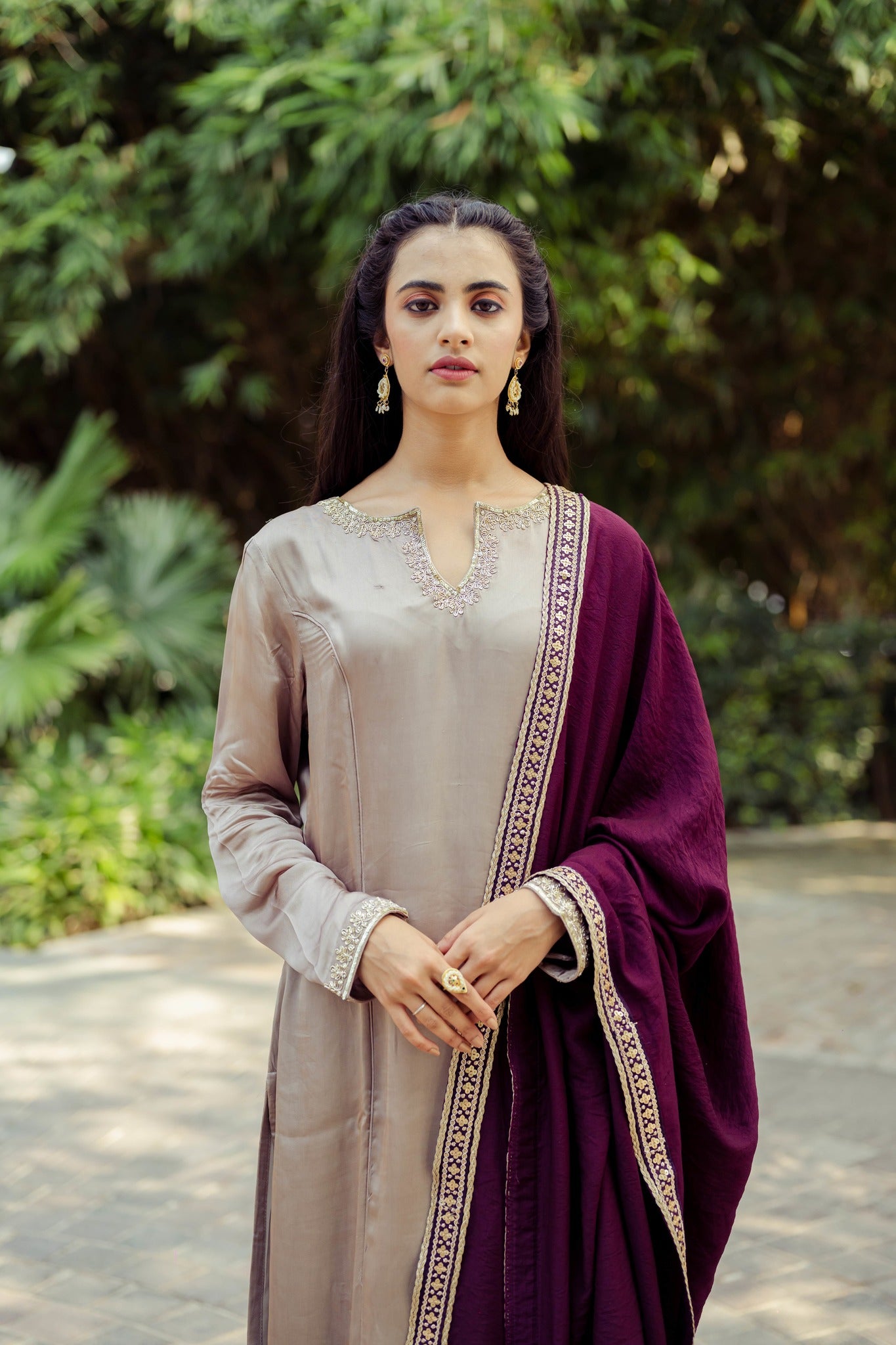 Beige Burgundy Embroidery Suit Set