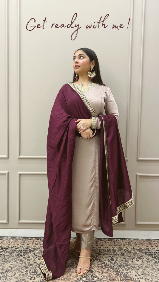 Beige Burgundy Embroidery Suit Set